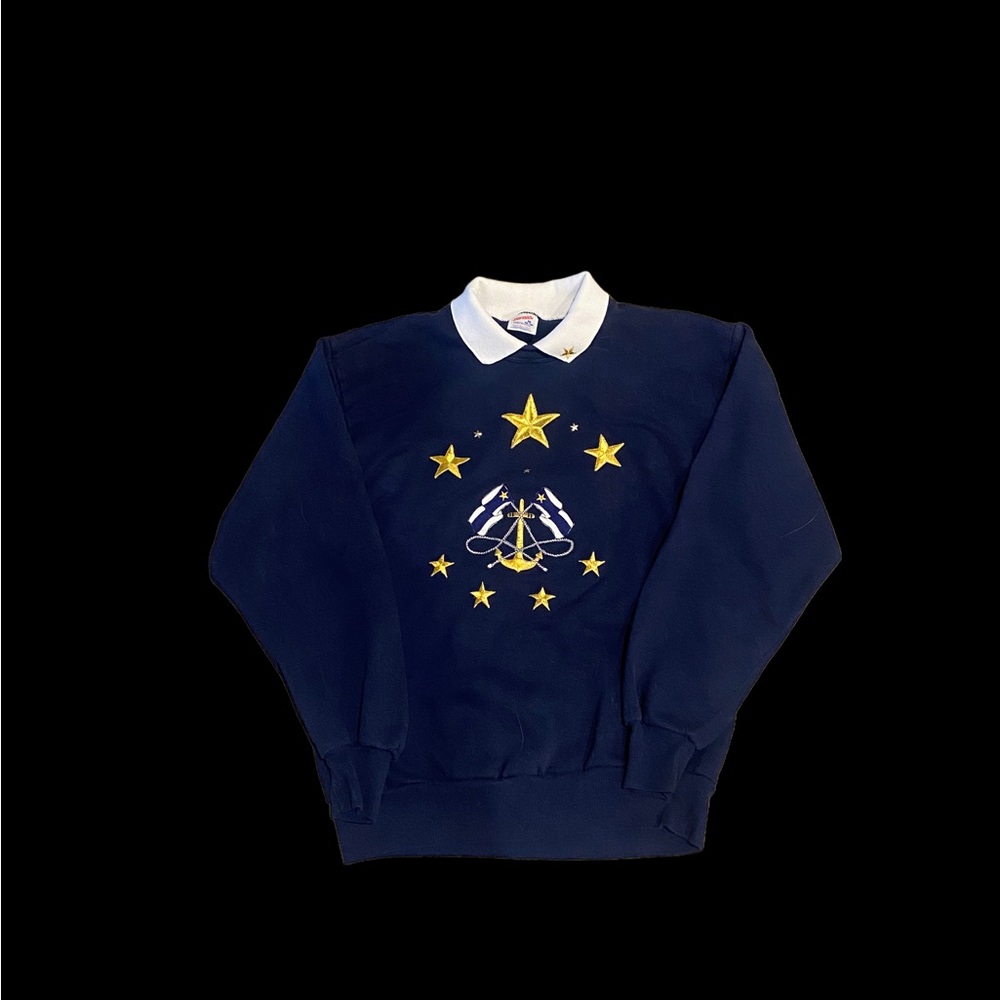 Vintage Jerzees Crew Neck Sweatshirt Navy Medium Patriotic Stars Embroidered